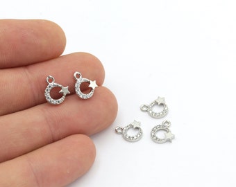 1 Pcs Silver Plated Moon Charms , Pave Moon And Star Charms , Cz Pave Moon , Moon Necklace ,( 9x11 mm)  ZRK-443