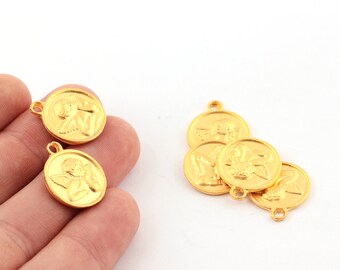 18x21mm Matt Plated Medallion , Matt Gold Angel Medallion Pendant , Angel Necklace , Matt Gold Angel Coins , Matt Gold Medallion , MTGLD-115
