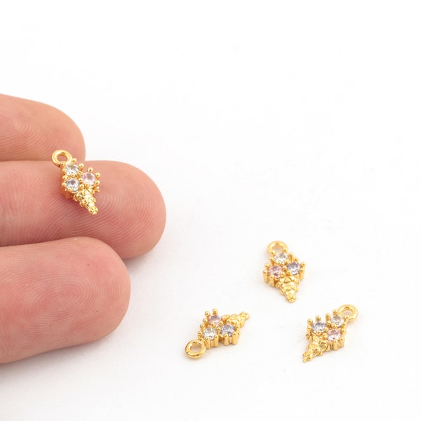 7x13mm 24k Shiny Gold Plated CZ Micro Pave Ice Cream Charms,CZ Ice Cream Charms ,Gold Plated Ice Cream Charms, Kids Charms ,ZRK-843