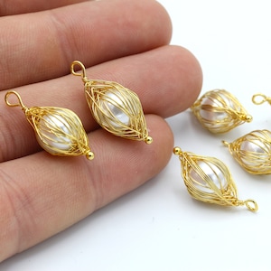 1 Pcs 24k Gold Plated synthetic pearl, Necklace pendant , Earring Findings,wire winding ( 10x25mm) GLD-371