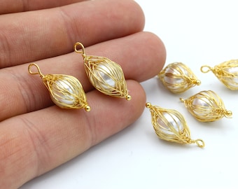 1 Pcs 24k Gold Plated synthetic pearl, Necklace pendant , Earring Findings,wire winding ( 10x25mm) GLD-371
