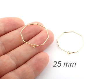 6 Pcs (3 Pair) 25mm Gold Plated Hexagon Earring, Hexagon Hoops, Ear Wires, Earring Findings EAR-8