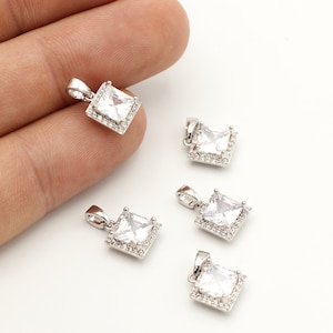1 Pcs Shiny Silver Drop Pendant, Pave Square Drop , Micro Pave Drop , Cz Jewelry, Cubic zirconia Drop, 8.5mm, ZRK-272