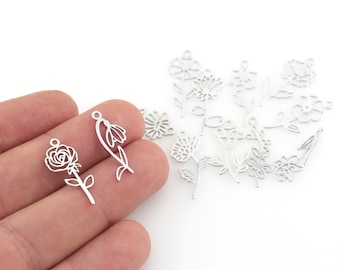 Rhodium Plated Birth Month Flower charm, Birth Flower Necklace A Gift for Every Month,Tiny Birth Flower,Personalized Necklace charm SLVR-612