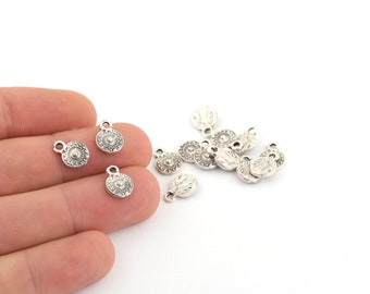 4 Pcs 8x11mm Antique Silver Round Charms, Round Patterned Jewelery, Circle Pendant, Round Earring, Round Bracelet Findings, ANT-72
