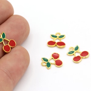 24k Shiny Gold Plated Cherry Hanger, Gold Cherry Charms, Bracelet Beads, Fruit Charms, Bracelet Fruit , (11x13mm) GLD-549