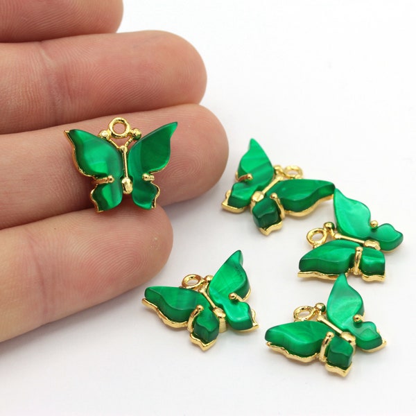 1 Pcs 16x19mm 24k Shine Gold Plated Butterfly, Emerald Color Butterfly, Gold Butterfly, Butterfly Charms, Bracelet Connector, GLD-624