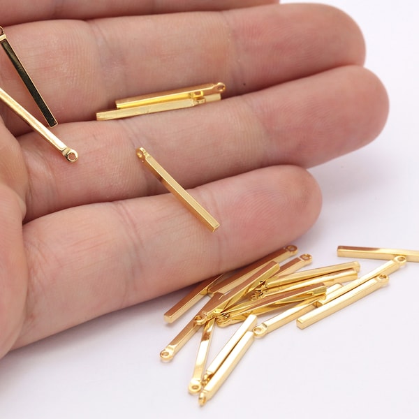 24k Gold Plated Bar Pendant, 12 Pcs , Brass 1.5x20mm , Necklace Findings, One hole-GLD-34