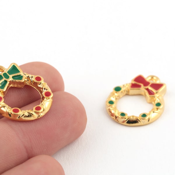 20x24mm 24k Shiny Gold Plated Christmas Wreath Charms, Enamel Wreath Charms,  Enamel Christmas Charms, Enamel Wreath Medallion, GLD-1400