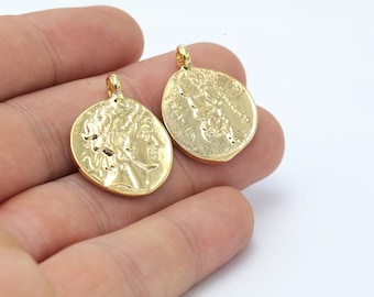 24k Shine Gold Plated Greek Coins , Antique Greek Coins , Medallion ,Gold Plated Charms , Charms Pendant ,Necklace , 22x28mm- GLD-362