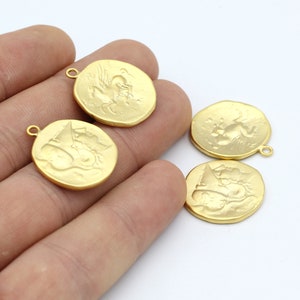 24k Matt Gold Plated Greek Coins , Antique Greek Coins , Medallion ,Matt Gold Charms , Charms Pendant ,Necklace Findings ,16x20mm-MTGLD-1