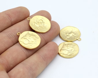 24k Matt Gold Plated Greek Coins , Antique Greek Coins , Medallion ,Matt Gold Charms , Charms Pendant ,Necklace Findings ,16x20mm-MTGLD-1