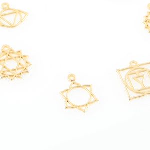 7 Chakra Charm Set Symbol, Gold Plated Yoga Pendant, Energy Wheel Charm Set Rustic Chakra Jewelry Supplies, ( 14x16mm ) GLD-1488 image 11