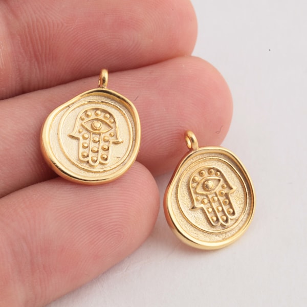 24k Shiny Gold Plated Hamsa , Hamsa Necklace, Hamsa Pendant, Hamsa Jewelry, Fatima Hand Charms, ( 15x18mm) GLD-292