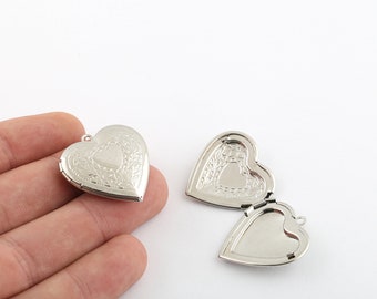 1 Pcs 29mm Rhodium Plated Heart Locket Charms, Picture Cover,Personalized Necklace ,Gift For Her Charms,Rhodium Plated Findings, SLVR-344