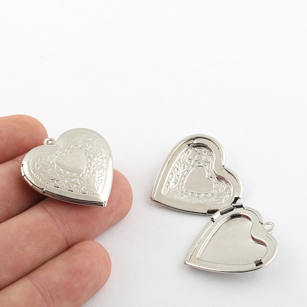 1 Pcs 29mm Rhodium Plated Heart Locket Charms, Picture Cover,Personalized Necklace ,Gift For Her Charms,Rhodium Plated Findings, SLVR-344