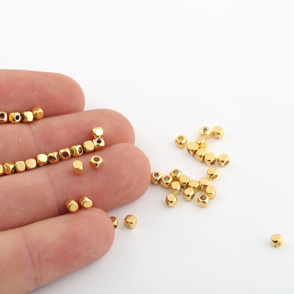 50 Pcs 3mm 24k Shiny Gold Plated Cube Beads, Spacer Beads,Tiny Spacer Beads, Brass Beads, Gold Plated Charms, Gold Plated Findings GLD-812