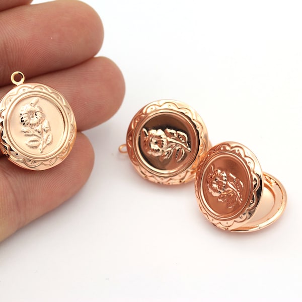 1 stuks rose vergulde ronde medaillon charmes, bloemen patroon cover kettingpicture cover, gepersonaliseerde ketting (20x23 mm), RSGLD-312