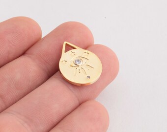 24k Shiny Gold Evil Eye Pendant, Evil Eye Necklace, Cz Charms, Evil Eye Charm, Evil Eye Medallion, Gold Plated Findings ( 17x22mm) ZRK-170