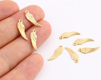 Gold Wing Charms , 3 Pcs 24k Shiny Gold Plated Wing Pendant , Pendant Charms , 6x15mm-GLD-125