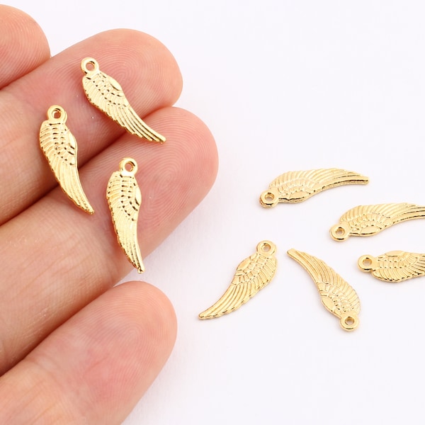 Gold Wing Charms , 6 Pcs 24k Shiny Gold Plated Wing Pendant , Pendant Charms , 6x15mm-GLD-125