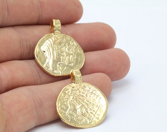 24k Shine Gold Plaqué pièces grecques , pièces grecques antiques , médaillon , collier , 26x32mm- GLD-363