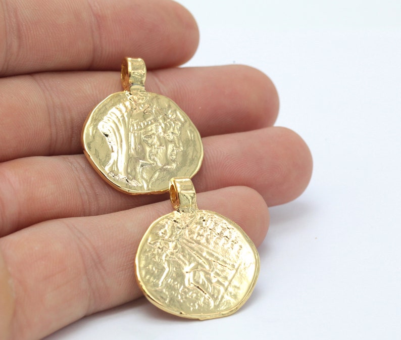 24k Shine Gold Plated Greek Coins , Antique Greek Coins , Medallion ,Necklace , 26x32mm GLD-363 image 1