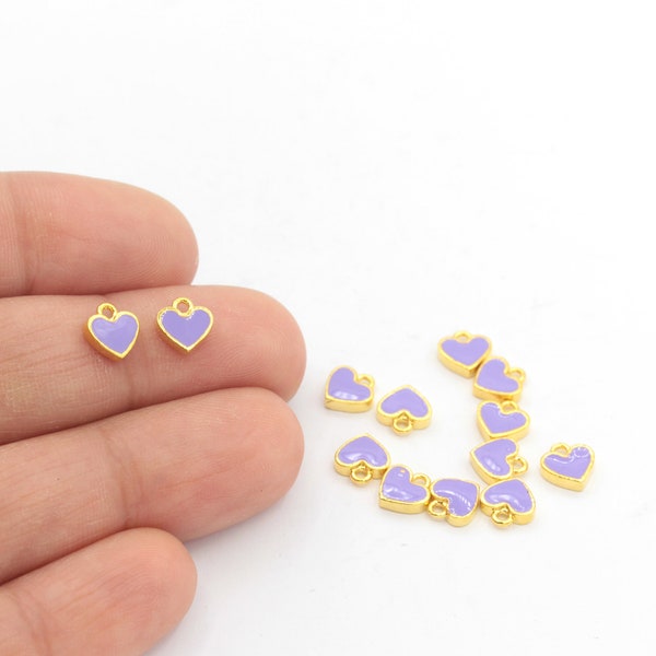 6 mm 24k Shiny Gold Heart, Lilas Émaillé Pendentif, Mini Hearts Charms, Heart Pendentif, Tiny Hearts Pendentif, Gold Plaqués GlD-775