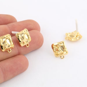 1 Pair 12x15mm 24k Shiny Gold Plated Hammered Square Earring Post , Earring Findings, Making Earring , Square Earring, Earring Post, EAR-364
