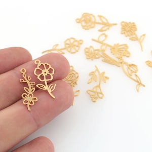 24k Shiny Gold Plated Birth Month Flower Pendant, Tiny Birth Flower,Handmade Personalized Necklace Charms,DIY Flower Charms 11x25mm GLD-1487