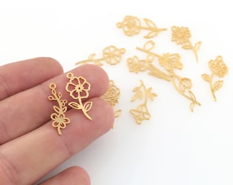 24k Shiny Gold Plated Birth Month Flower Pendant, Tiny Birth Flower,Handmade Personalized Necklace Charms,DIY Flower Charms 11x25mm GLD-1487