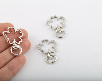 1 Pcs 22x36mm Rhodium Plated Key Chain Rings, Flower Shaped, Attached Chain ,Split Key Chain Rings, Flower Key Lobster Claps, SLVR-17