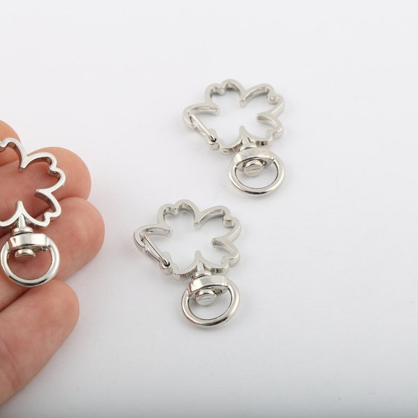 1 Pcs 22x36mm Rhodium Plated Key Chain Rings, Flower Shaped, Attached Chain ,Split Key Chain Rings, Flower Key Lobster Claps, CLP-83