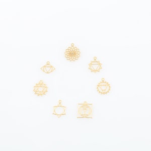 7 Chakra Charm Set Symbol, Gold Plated Yoga Pendant, Energy Wheel Charm Set Rustic Chakra Jewelry Supplies, ( 14x16mm ) GLD-1488 image 5
