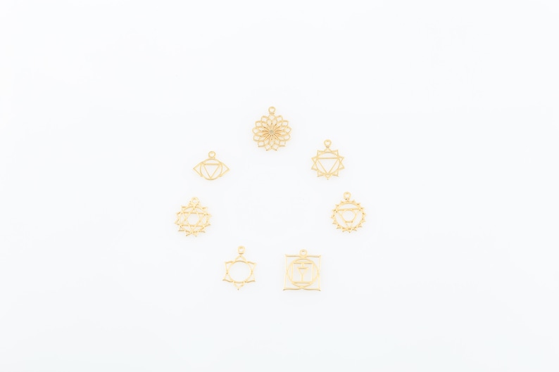 7 Chakra Charm Set Symbol, Gold Plated Yoga Pendant, Energy Wheel Charm Set Rustic Chakra Jewelry Supplies, ( 14x16mm ) GLD-1488 image 5