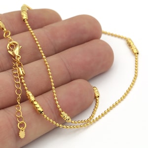 Daınty Necklace Chain, 24k Gold Plated Shiny Gold Plated Ball Chains, 1.45mm Soldered Chains, Cable Chains, Ball Chains, 18&#39;&#39;+ 5 cm extender