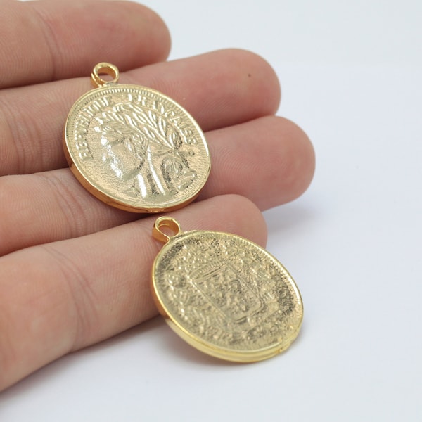 28x35mm 24k Shiny Gold Filled Medallion Republique Francaise France Necklace Pendant Bracelet Earring Charm Bails Findings GLD-364