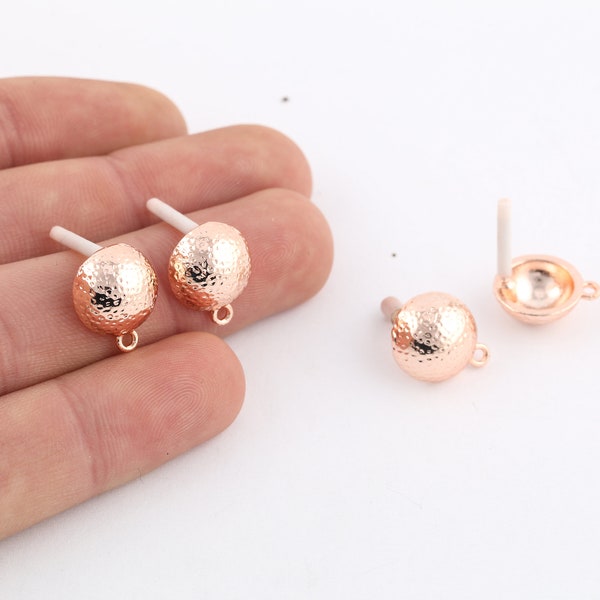 1 Pair 13x15mm Rose Gold Plated Hammered Earring Post , Earring Findings, Making Earring , Ball Earring, Earring Post, EAR-375