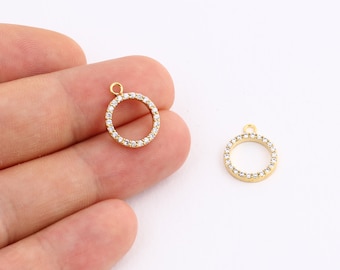 1 Pcs 24k Gold Plated Pave Charms , Micro Pave Round Pendant, Pave Charms, Connector, Cubic Zirconia Charms, 12x15mm , ZRK-33
