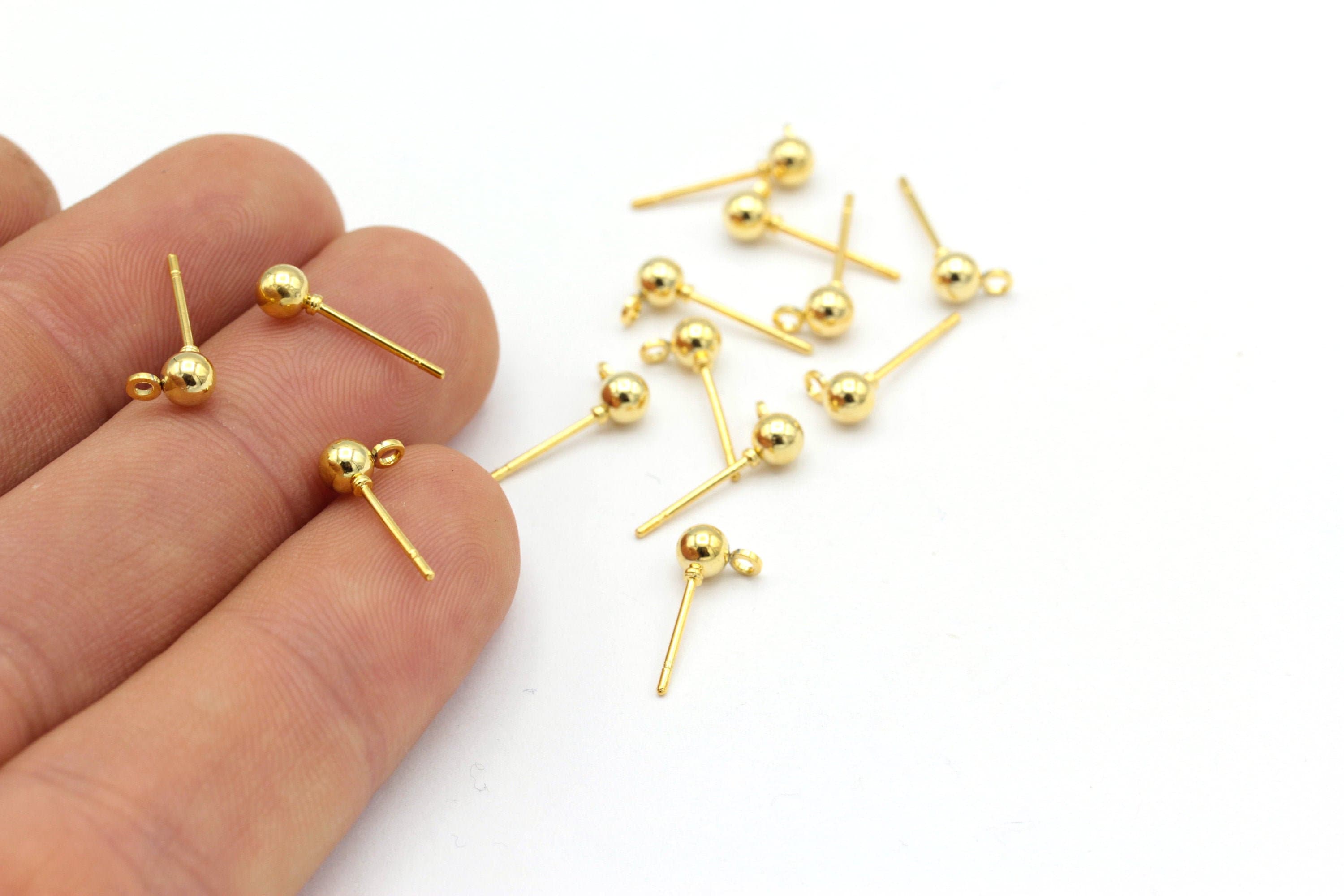 24k Shiny Gold Plated Ball Earrings , 4 Pcs ( 2 Pair ) Ball Earring Studs,Gold Push Back Studs , ( 4mm ) EAR-163