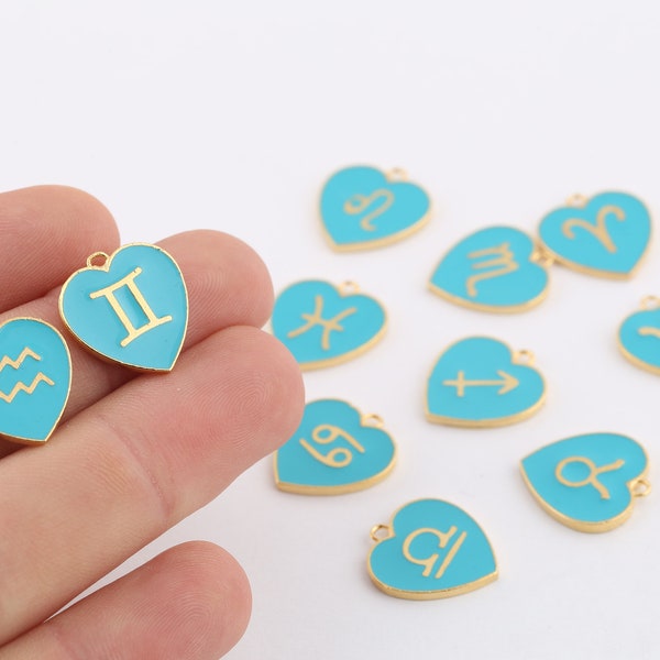 17x18mm 24k Shiny Gold Plated Zodiac Charms,Astrology Charms,Gold Plated Zodiac Charm,Turquoise Enamel Horoscope,Heart Zodiac Charms,GLD-991