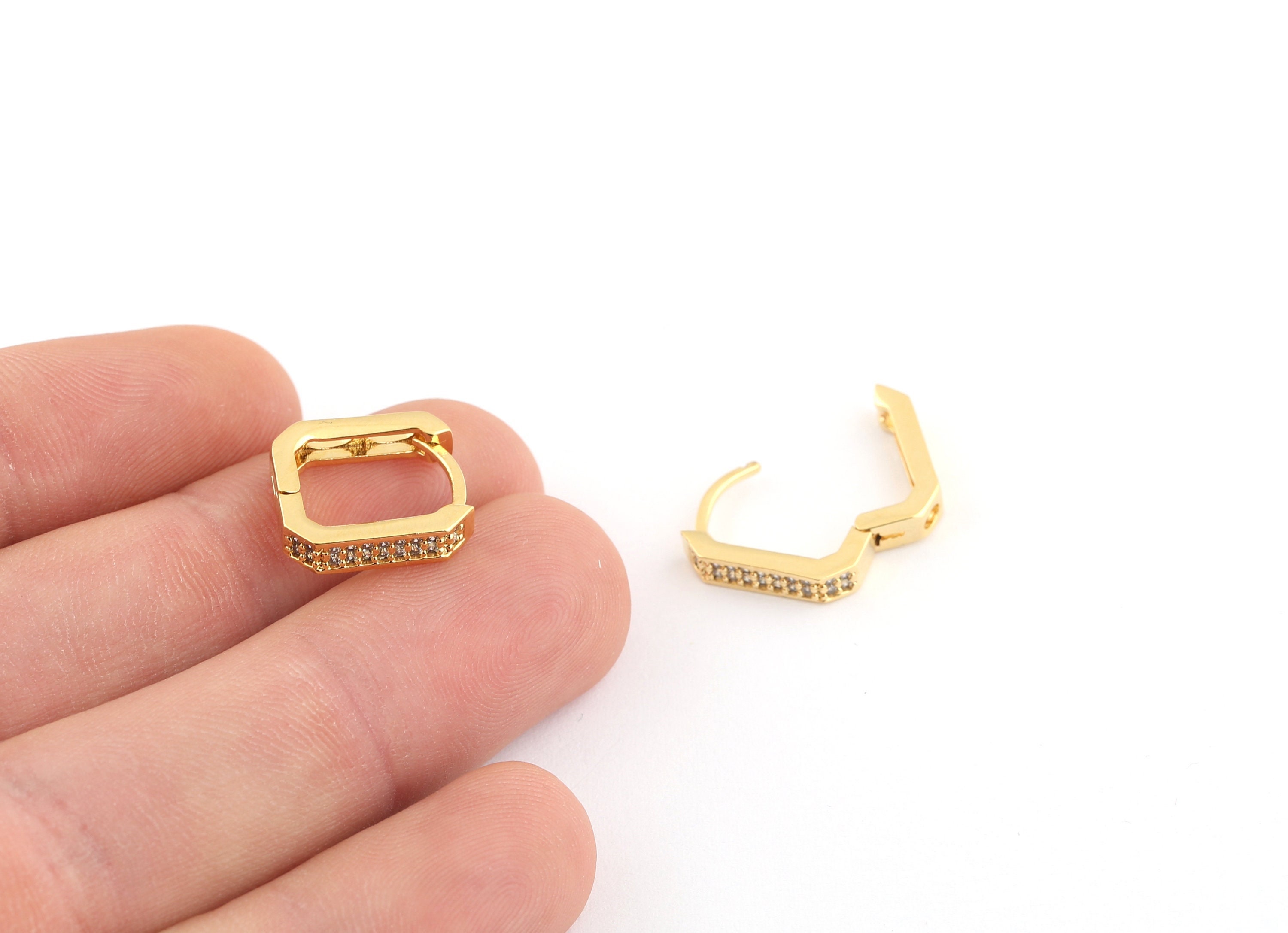 1 Pair 14mm 24k Shiny Gold Plated Cz Square Earring, Cz