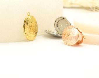 Charme verrouillé, 24k Shiny Gold Plaqué Ovale Locket Charms, collier à motifs verrouillés, couverture d’image collier, Personnalisé ( 16x24 mm ) GLD-705