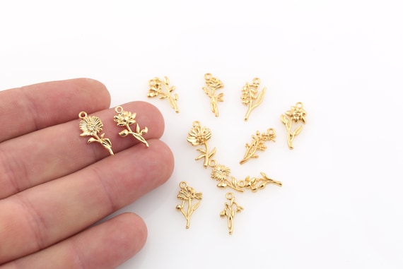 Gold Birth Flower Charm, 24k Shiny Gold Plated Tiny Birth Flower, Personalized Floral Jewelry Gift, DIY Flower Charms 8x17mm GLD-1489