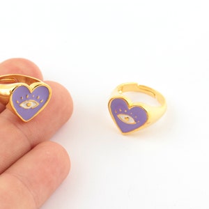 24k Shiny Gold Plated Adjustable Heart Ring , enamel Heart Rings, Signet Ring, Heart Rings For Womens, Ring Settings, ( 17-18mm ) DSR-76