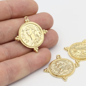34mm 24k Shiny Gold Filled Medallion, Greek Coins , Necklace Pendant Bracelet Earring Charm Bails Findings GLD-442