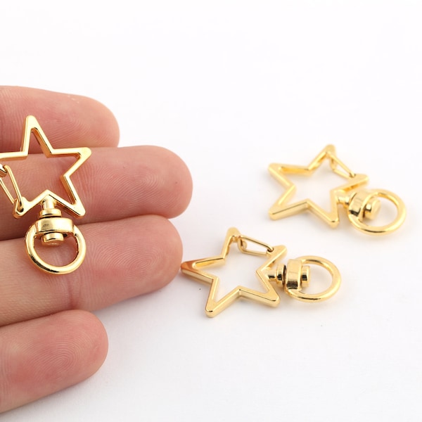 1 Pcs 24x34mm 24k Shiny Gold Plated Key Chain Rings, Star Shaped, Attached Chain ,Split Key Chain Rings, Star Key Lobster Claps, GLD-1207