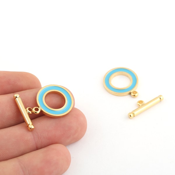 18mm 24k Shiny Gold Plated Enamel T Bar Charms, Enamel T Bar Pendant, Round Necklace, Round Enamel Earrings, T Bar Connector GLD-865