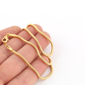 May include: A gold snake chain necklace with a lobster clasp closure.