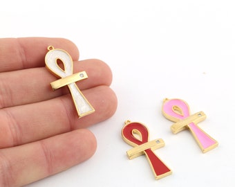 1 Pcs 18x39mm 24k Shiny Gold Plated Ankh Charms, Enamel Ankh Necklace, CZ Life Charm, Gold Ankh Charm,Egyptian Charms, Ankh Pendant, ZRK-758
